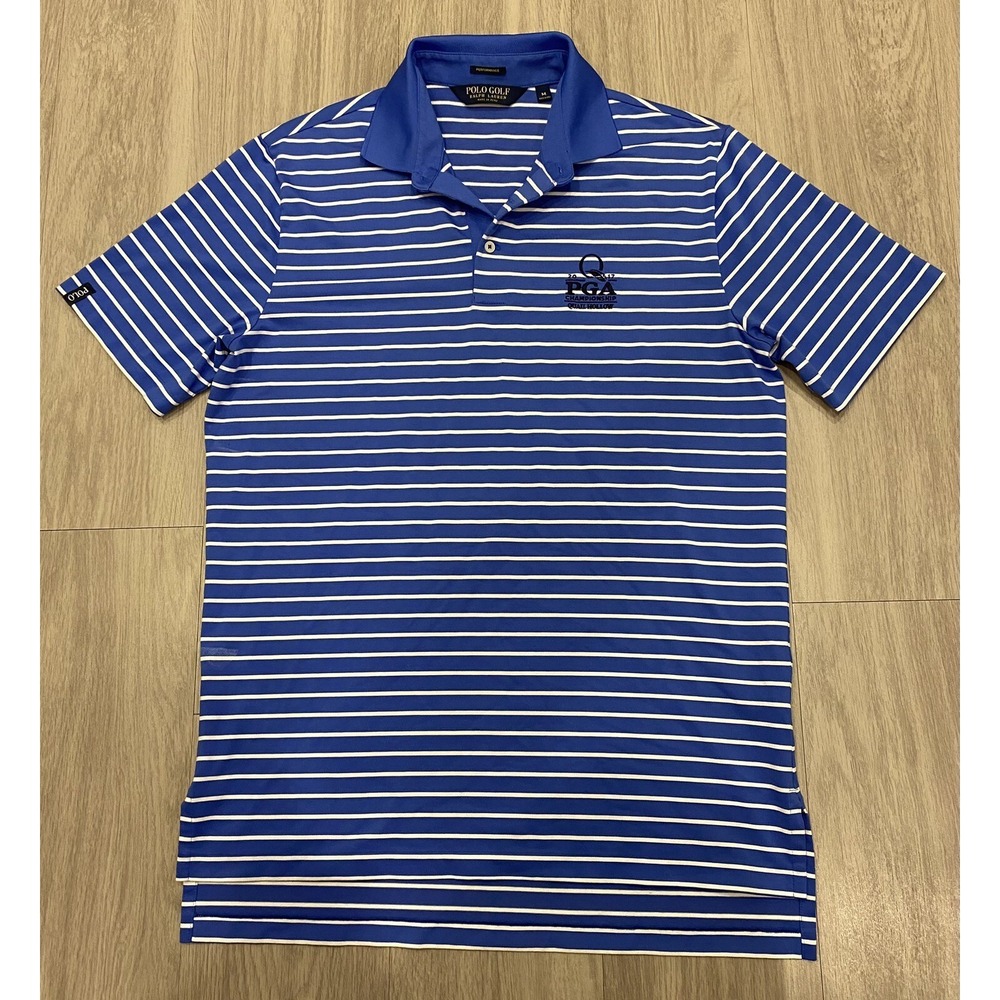 Polo Golf Ralph Lauren Shirt Mens Medium Performance Striped Blue Quail Hollow M